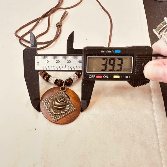 Wood Ring Pendant w/Rose Charm & Small Wood & Silver Tone Beads - Picture 6 of 10